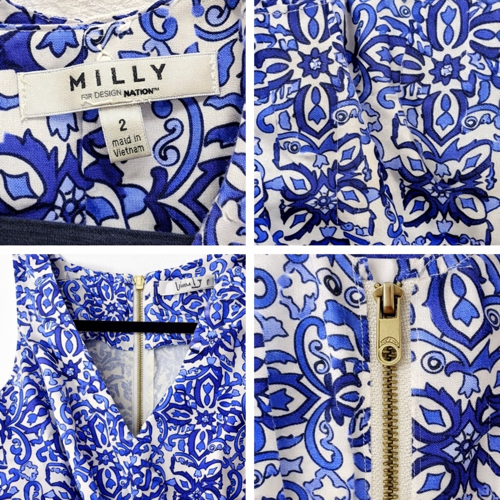Milly Blue White Mediterranean Tile Fit Flare Dress Size 2 - Picture 4 of 6